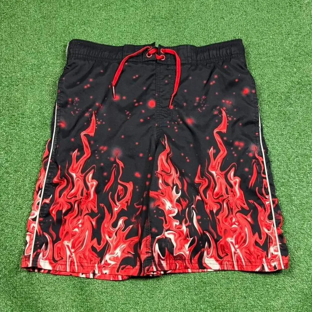 Nike Swim Trunks Black Red Flame Graphic Y2K Shorts Mens M Beach Surf Summer